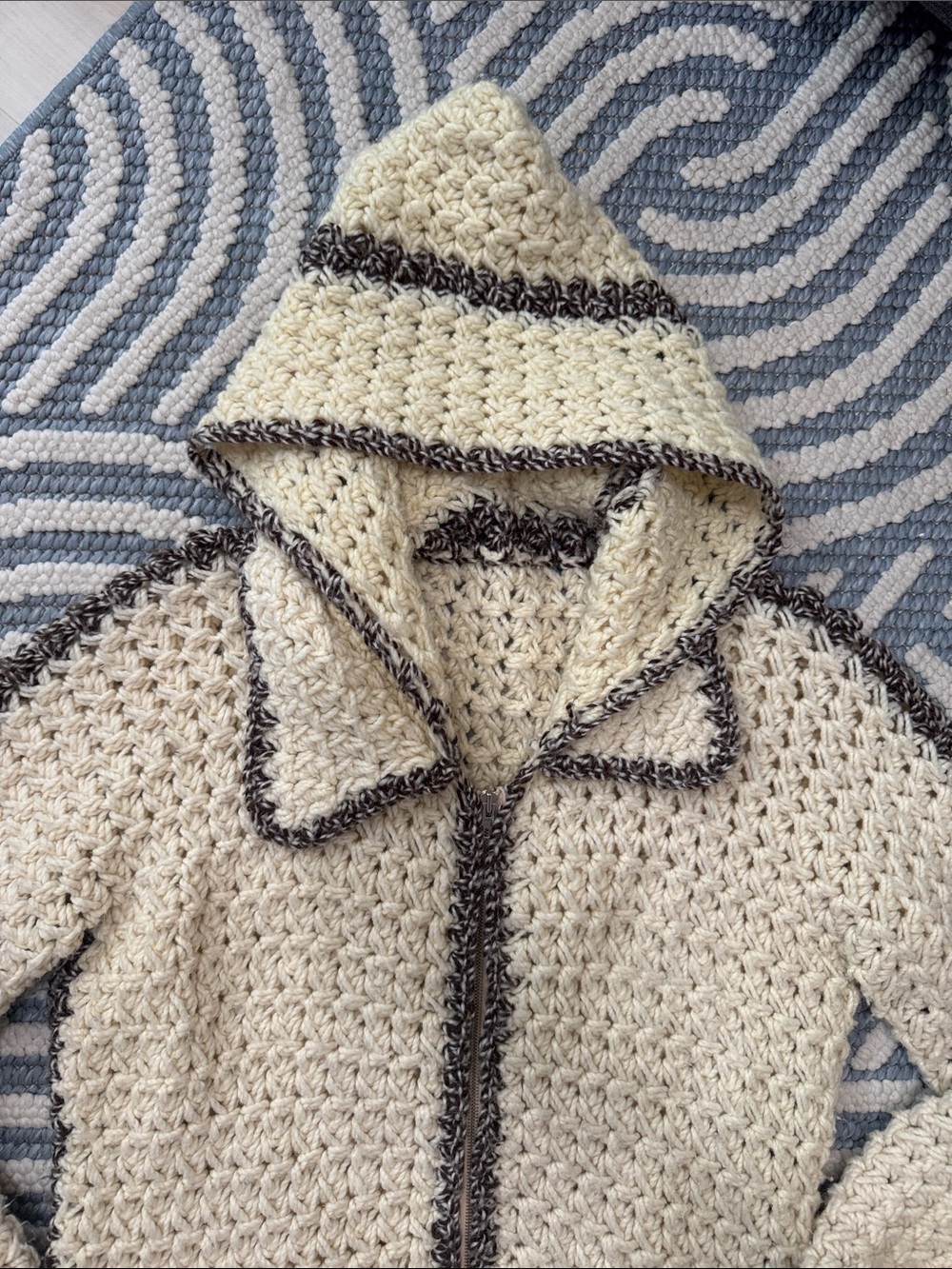 Vintage Handmade Crochet Hooded Longline Cardigan Sweater Cream Brown Boho - Picture 3 of 6